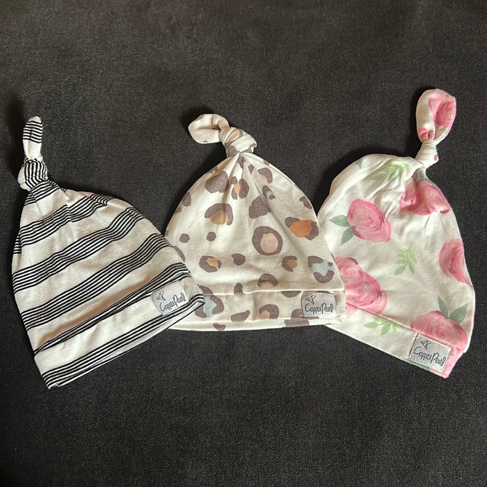 Copper Pearl Set Of 3 Baby Hats stripes, cheetah and roses